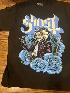 Ghost Graphic Black Short Sleeve Tee with Blue and Purple Floral Art